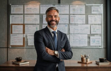 man-suit-stands-front-board-with-papers-it