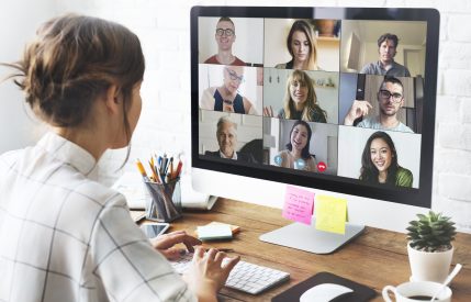 Woman in a video conference call in her home office during the coronavirus pandemic